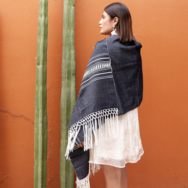 Handwoven Mexican Rebozo in Black– Organic Cotton Shawl