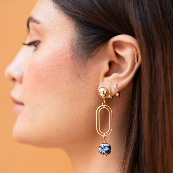 Carla Earrings Blue & White - 18K Gold Plated Talavera