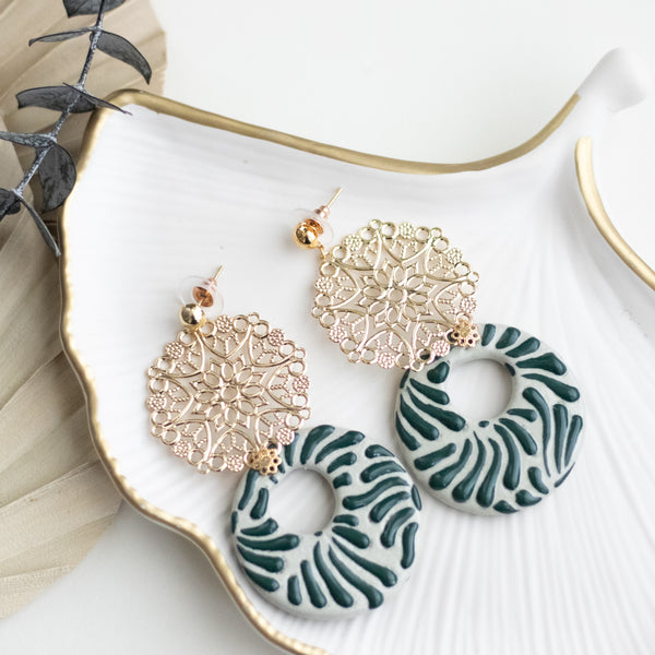Yolanda Earrings Green and White - 18K Gold Plated Talavera