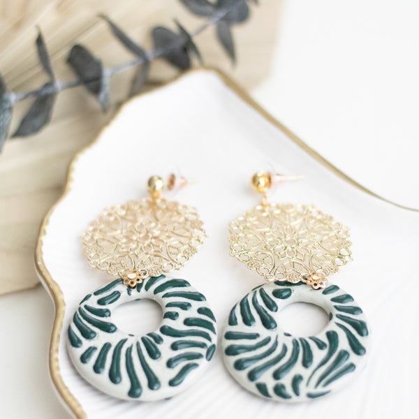 Yolanda Earrings Green and White - 18K Gold Plated Talavera