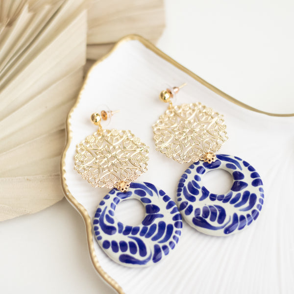 Yolanda Earrings Blue & White - 18K Gold Plated Talavera