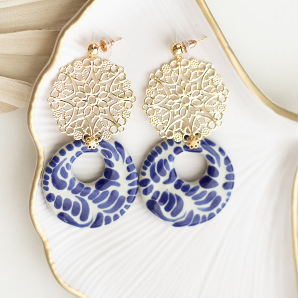 Yolanda Earrings Blue & White - 18K Gold Plated Talavera