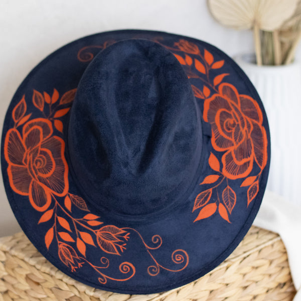 Flores Hat - Vegan Suede Navy and Orange