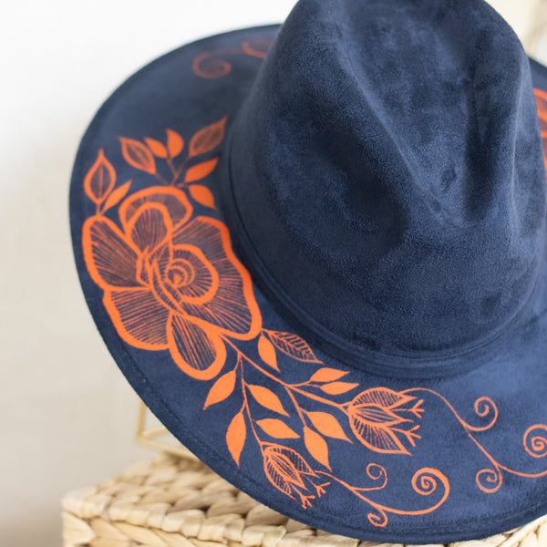 Flores Hat - Vegan Suede Navy and Orange