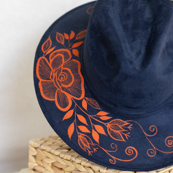 Flores Hat - Vegan Suede Navy and Orange