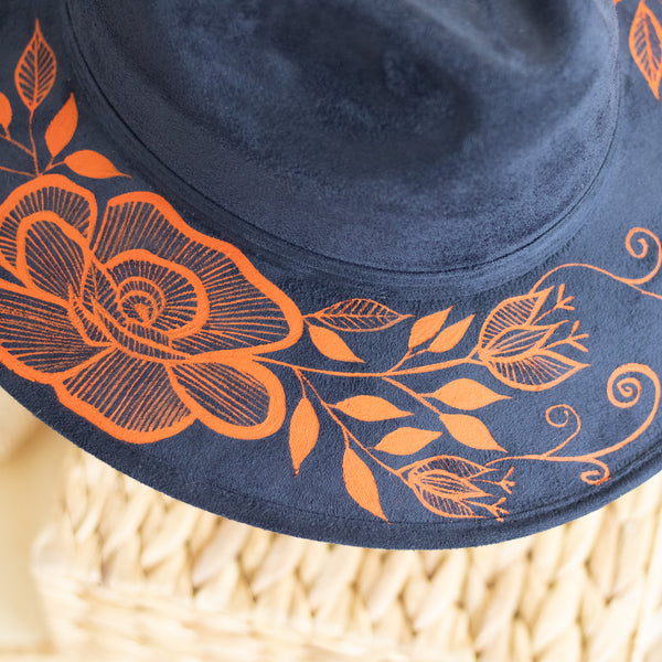 Flores Hat - Vegan Suede Navy and Orange