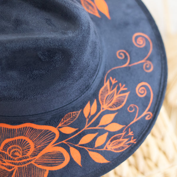 Flores Hat - Vegan Suede Navy and Orange