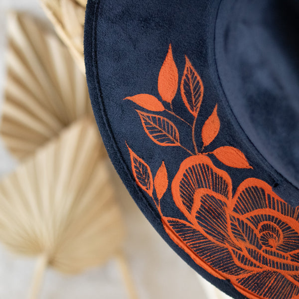 Flores Hat - Vegan Suede Navy and Orange