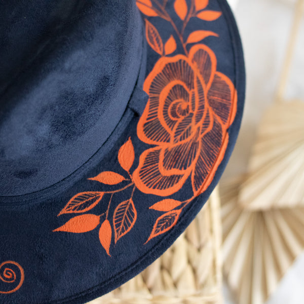 Flores Hat - Vegan Suede Navy and Orange