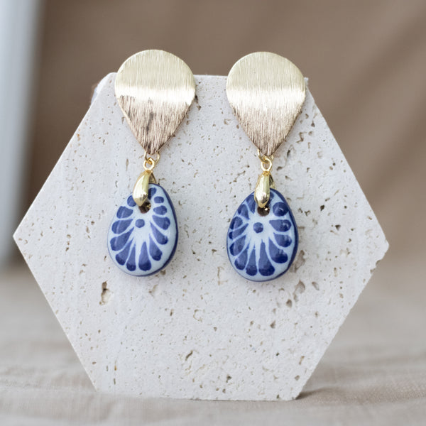 Mayra Earrings Blue & White - 18K Gold Plated Talavera