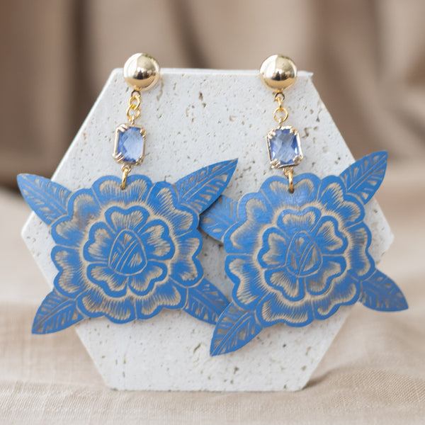 Jícara Statement Earrings  - Blue Flower