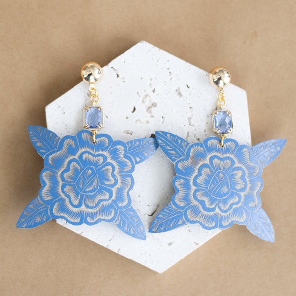Jícara Statement Earrings  - Blue Flower