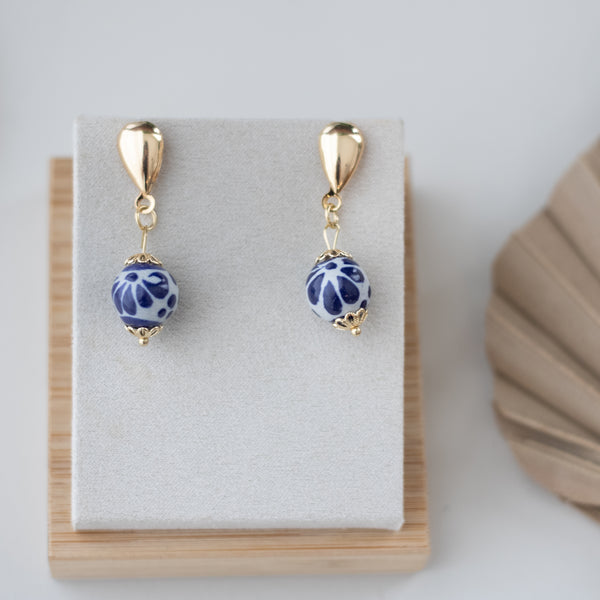 Marisol Earrings Blue & White - 18K Gold Plated Talavera
