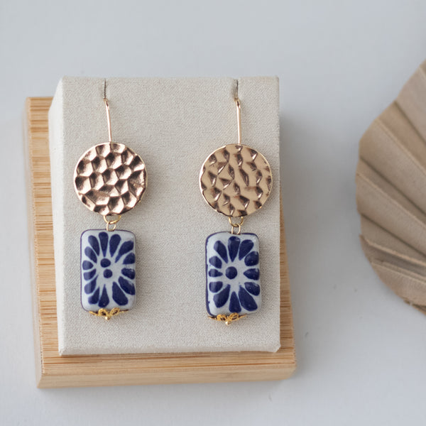 Adela Earrings Blue & White - 18K Gold Plated Talavera