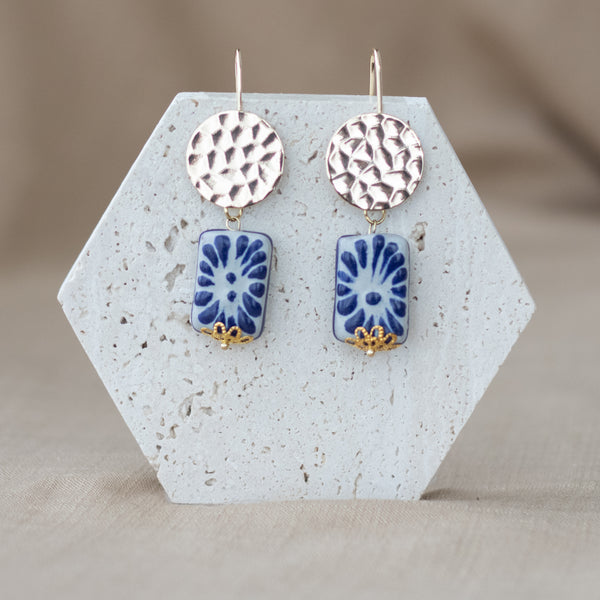 Adela Earrings Blue & White - 18K Gold Plated Talavera