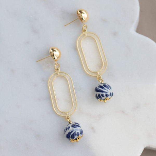 Carla Earrings Blue & White - 18K Gold Plated Talavera
