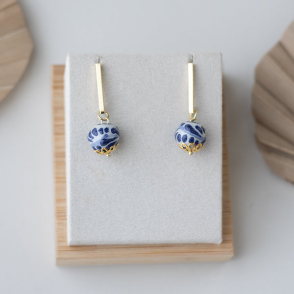 Erica Earrings Blue & White - 18K Gold Plated Talavera