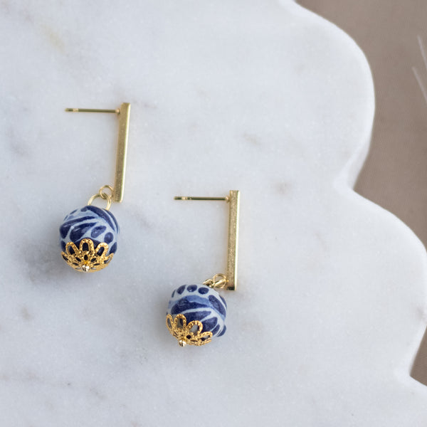 Erica Earrings Blue & White - 18K Gold Plated Talavera