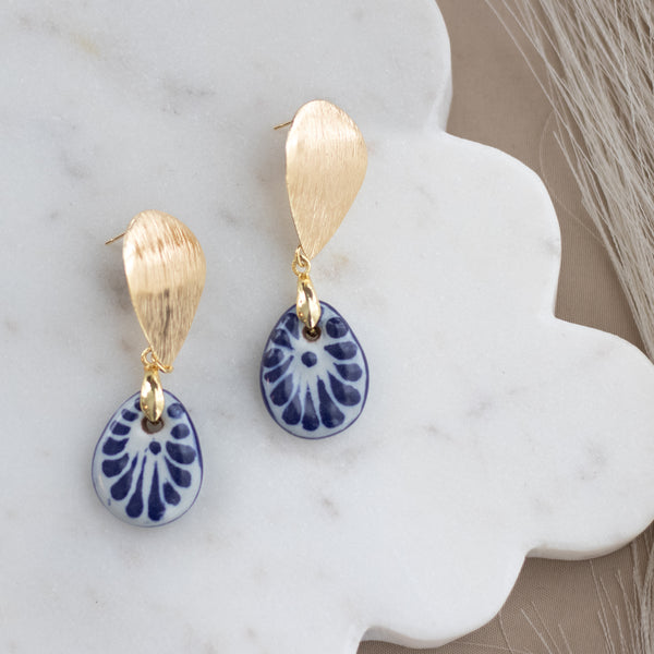 Mayra Earrings Blue & White - 18K Gold Plated Talavera