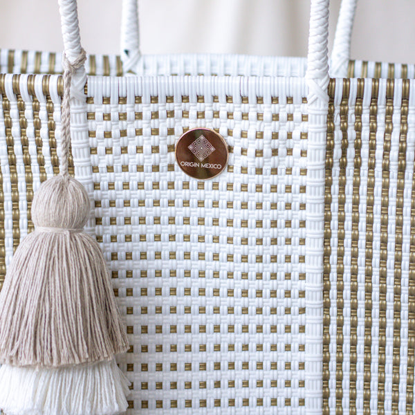 Handwoven Oaxaca Tote Bag - White & Gold
