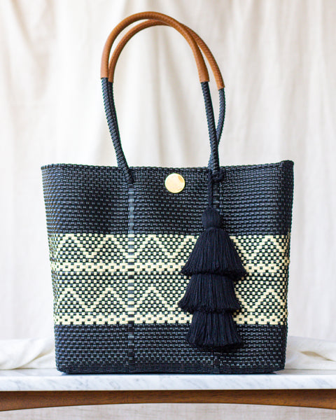 Handwoven Oaxaca Tote Bag - Black and Tan with Leather Handles