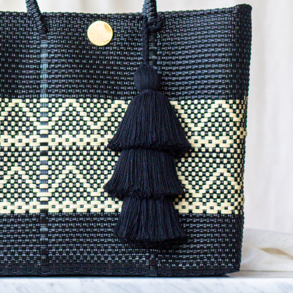 Handwoven Oaxaca Tote Bag - Black and Tan with Leather Handles