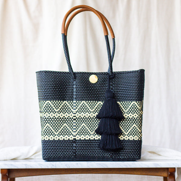 Handwoven Oaxaca Tote Bag - Black and Tan with Leather Handles