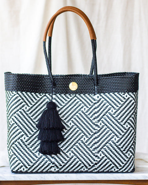 Handwoven Oaxaca Tote Bag - Black and White with Leather Handles