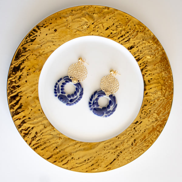 Yolanda Earrings Blue & White - 14K Gold Plated Talavera