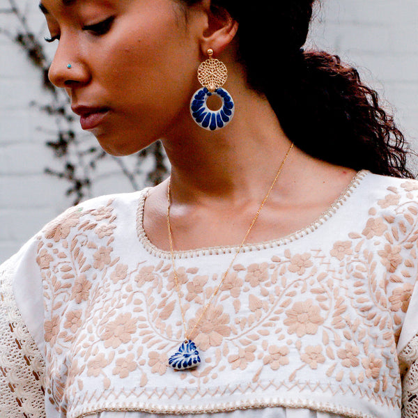 Yolanda Earrings Blue & White - 18K Gold Plated Talavera