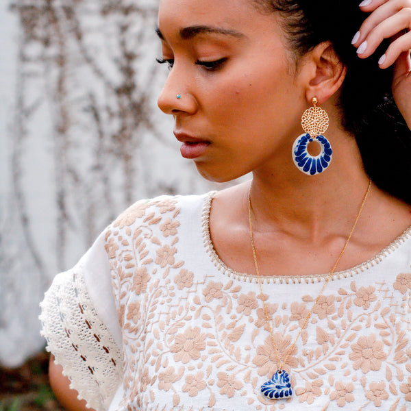 Yolanda Earrings Blue & White - 18K Gold Plated Talavera