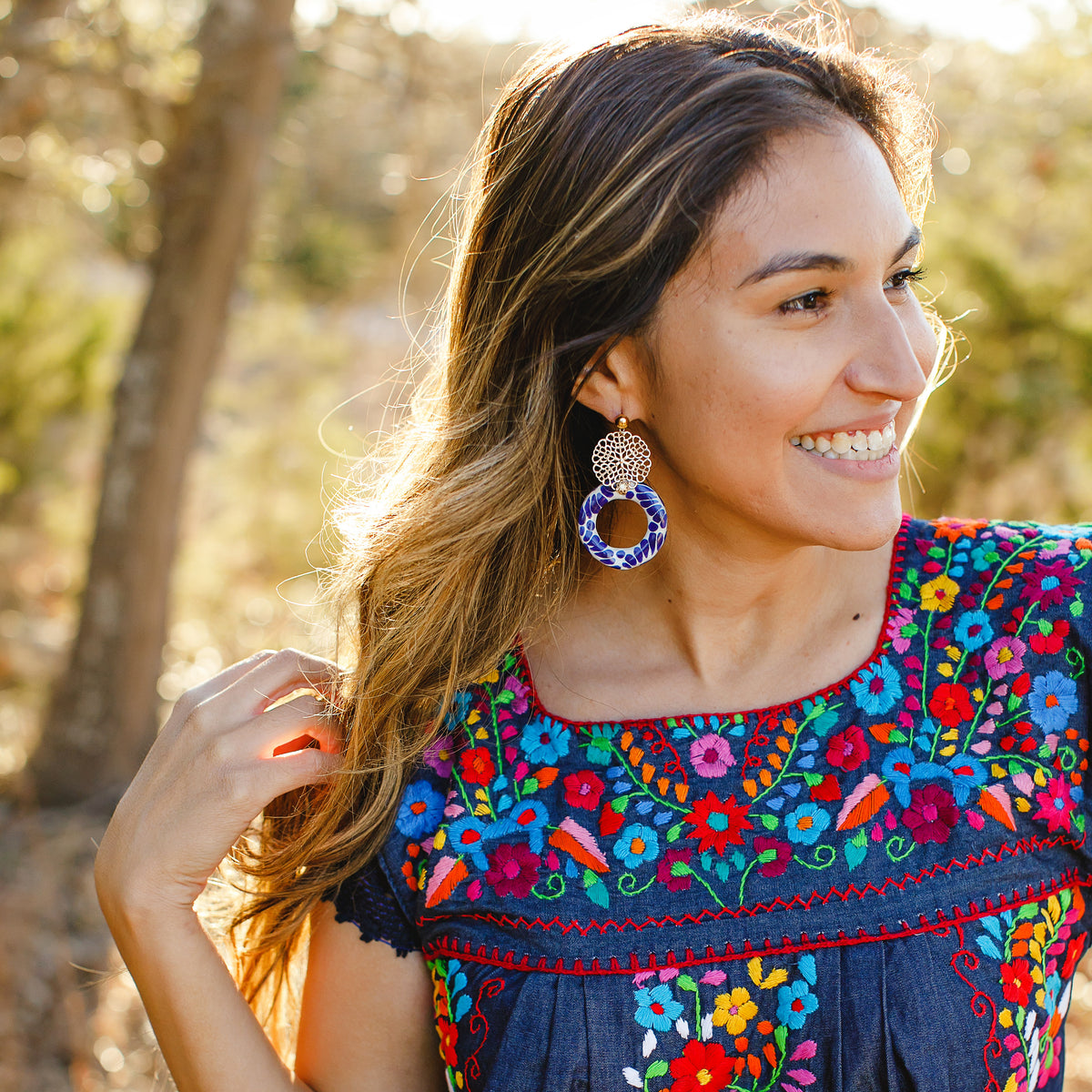 Violeta Dress Multicolor Embroidery Dark Denim Origin Mexico