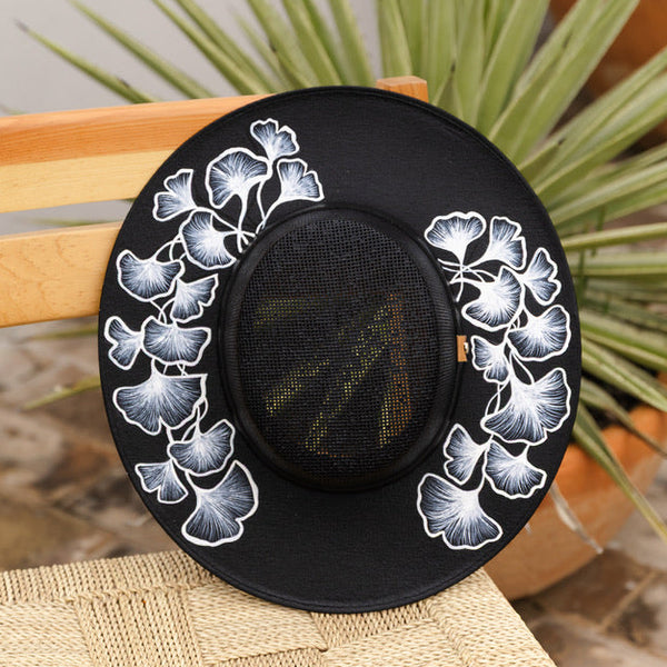Luisa Hand Painted Wide Brim Hat - Black & White
