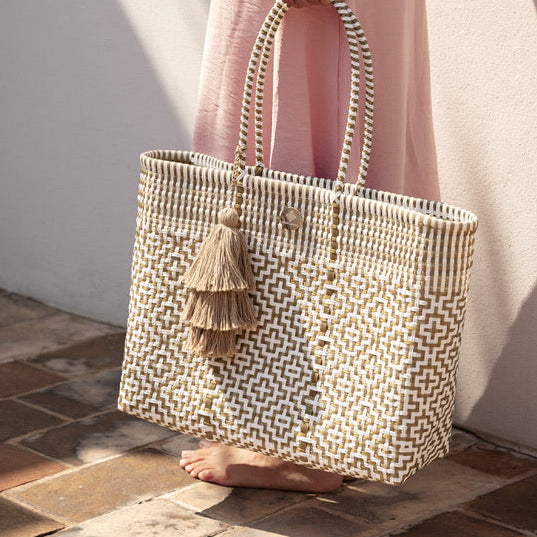 Handwoven Oaxaca Tote Bag - Gold & White