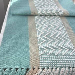 Handwoven Table Runner – Teal and White