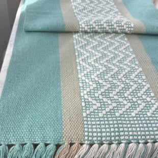 Handwoven Table Runner – Teal and White