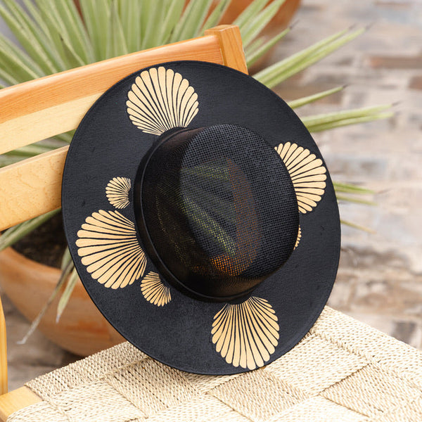 Fabiola Hand Painted Wide Brim Hat - Black and Tan