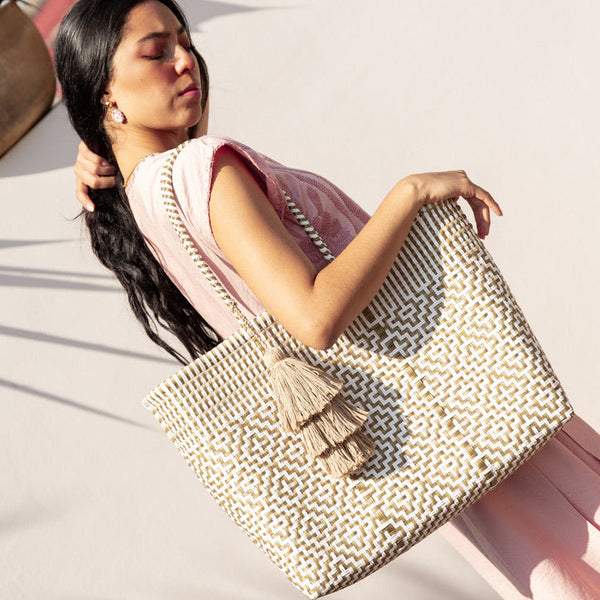 Handwoven Oaxaca Tote Bag - Gold & White