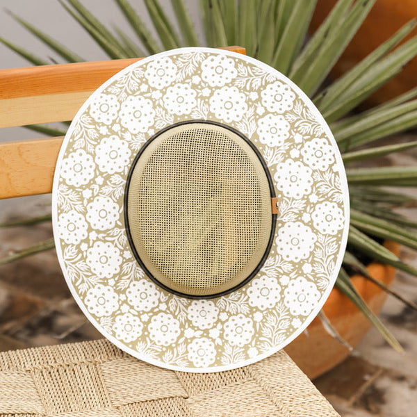 Gloria Hand Painted Wide Brim Hat - Tan & White