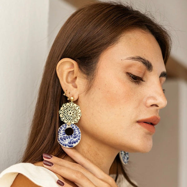 Yolanda Earrings Blue & White - 18K Gold Plated Talavera