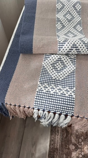 Handwoven Table Runner – Blue, Tan and White