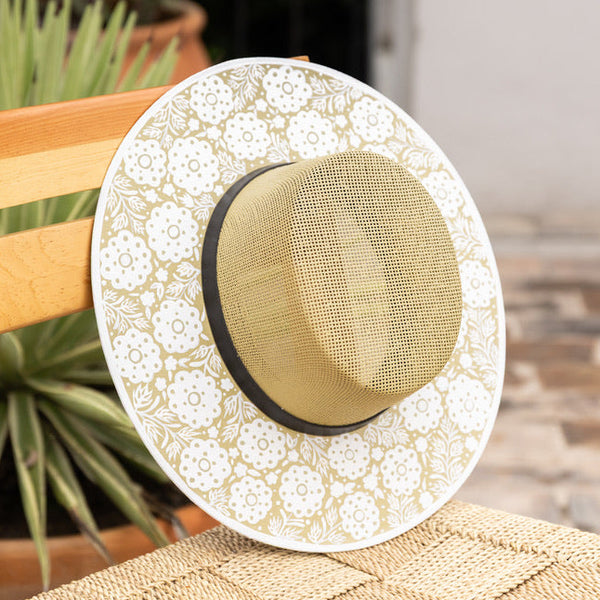 Gloria Hand Painted Wide Brim Hat - Tan & White