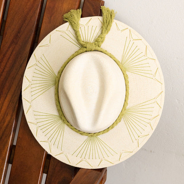 Embroidered Panama Hat - Cream and Light Green