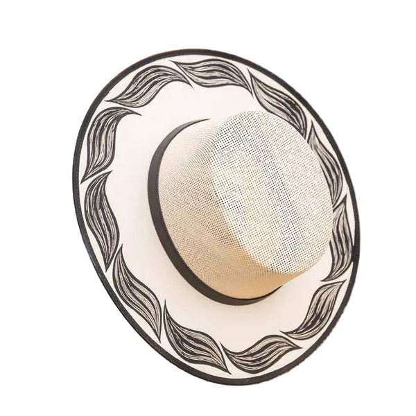 Maya Hand Painted Wide Brim Hat - Sand & White