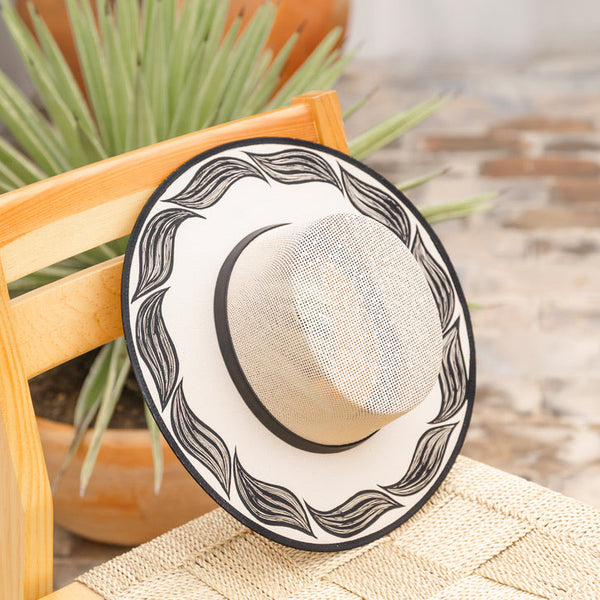 Maya Hand Painted Wide Brim Hat - Sand & White