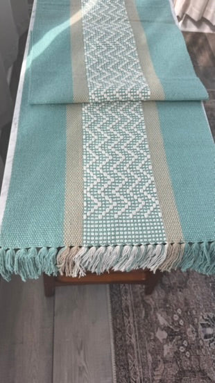 Handwoven Table Runner – Teal and White