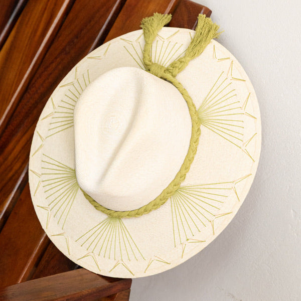 Embroidered Panama Hat - Cream and Light Green