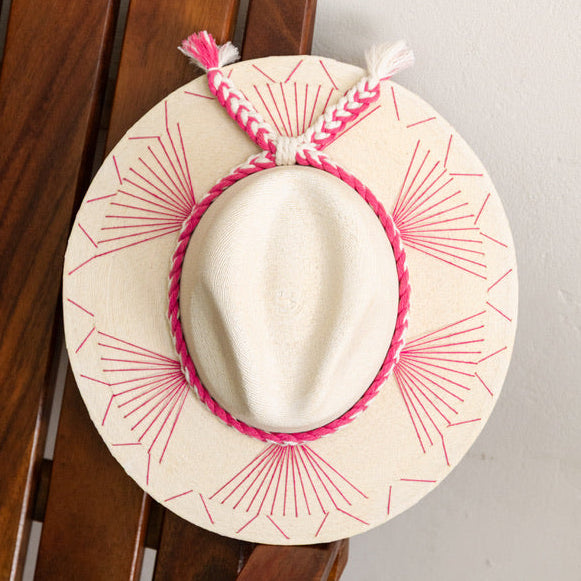 Embroidered Panama Hat - Cream and Pink