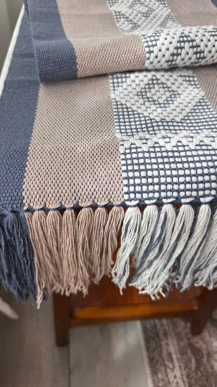 Handwoven Table Runner – Blue, Tan and White