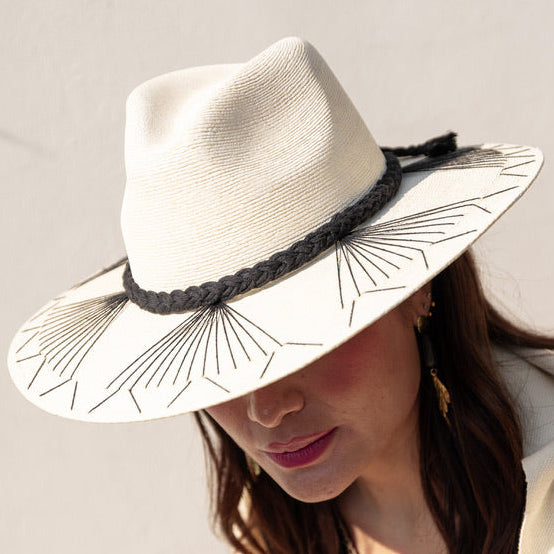 Embroidered Panama Hat - Cream and Black